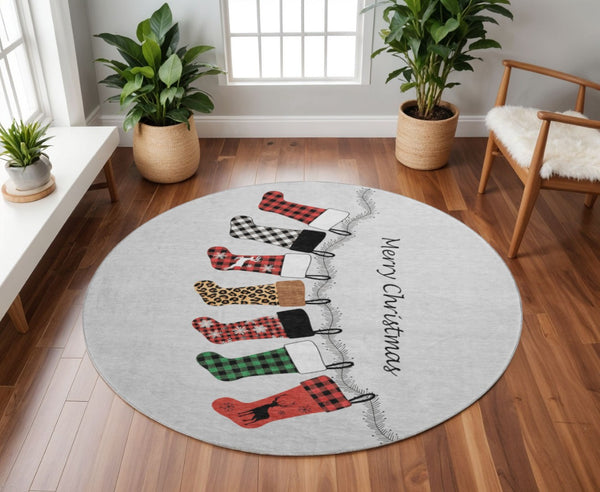 HomeRoots 8' Modern Gray, Red, and Green Geometric Washable Round Rug with UV Protection for High-Traffic Areas 646430