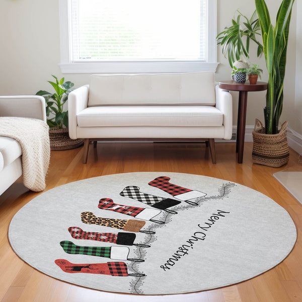 HomeRoots 8' Modern Gray, Red, and Green Geometric Washable Round Rug with UV Protection for High-Traffic Areas 646430