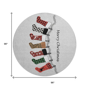 HomeRoots 8' Modern Gray, Red, and Green Geometric Washable Round Rug with UV Protection for High-Traffic Areas 646430