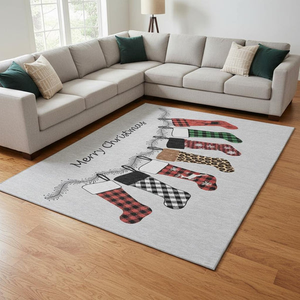 HomeRoots 8' X 10' Stylish Gray Red Green Geometric Washable Area Rug with UV Protection for High Traffic Areas 646431