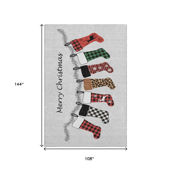 HomeRoots 9' X 12' Gray Red Green Geometric Washable Area Rug - Stain Resistant, UV Protected, Soft & Stylish! 646432
