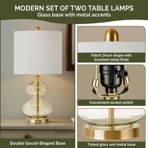 JLA Home 510 Design - Curved gourd glass table lamps set of 2 with stacked sculptural bases, brushed gold accents, white shades, LED bulbs 5DS153-0014