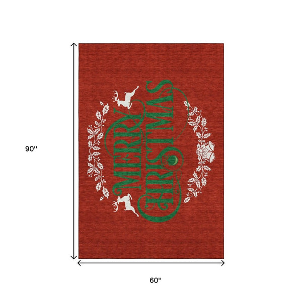 HomeRoots 5' X 8' Vibrant Ruby Red, Green & Ivory Geometric Area Rug - Washable, Stain Resistant & UV Protected 646435