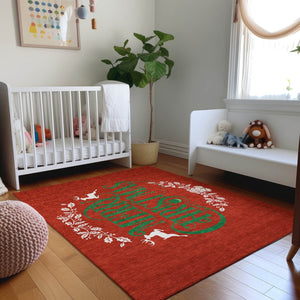 HomeRoots 5' X 8' Vibrant Ruby Red, Green & Ivory Geometric Area Rug - Washable, Stain Resistant & UV Protected 646435