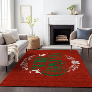 HomeRoots 5' X 8' Vibrant Ruby Red, Green & Ivory Geometric Area Rug - Washable, Stain Resistant & UV Protected 646435