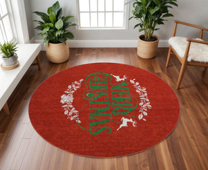 HomeRoots 8' Ruby Red Green Geometric Washable Round Rug - Durable, UV-Protected, Stain-Resistant for Homes 646436