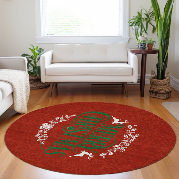 HomeRoots 8' Ruby Red Green Geometric Washable Round Rug - Durable, UV-Protected, Stain-Resistant for Homes 646436