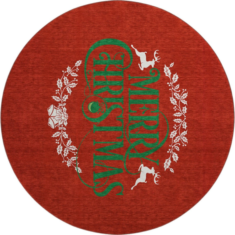 HomeRoots 8' Ruby Red Green Geometric Washable Round Rug - Durable, UV-Protected, Stain-Resistant for Homes 646436
