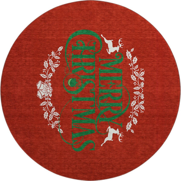 HomeRoots 8' Ruby Red Green Geometric Washable Round Rug - Durable, UV-Protected, Stain-Resistant for Homes 646436