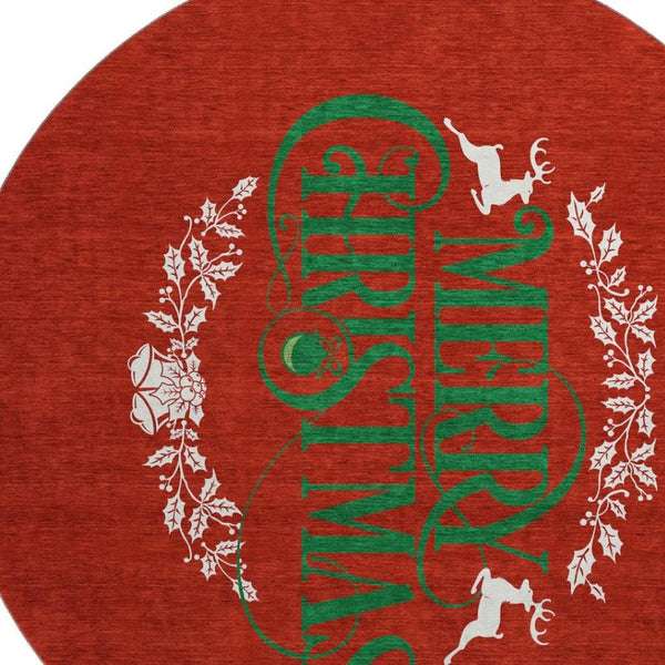 HomeRoots 8' Ruby Red Green Geometric Washable Round Rug - Durable, UV-Protected, Stain-Resistant for Homes 646436