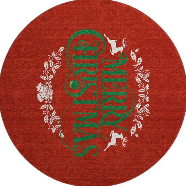 HomeRoots 8' Ruby Red Green Geometric Washable Round Rug - Durable, UV-Protected, Stain-Resistant for Homes 646436