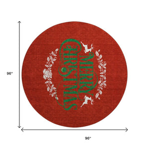 HomeRoots 8' Ruby Red Green Geometric Washable Round Rug - Durable, UV-Protected, Stain-Resistant for Homes 646436