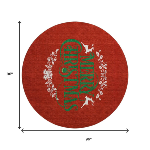 HomeRoots 8' Ruby Red Green Geometric Washable Round Rug - Durable, UV-Protected, Stain-Resistant for Homes 646436