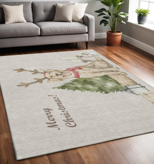 HomeRoots 5' X 8' Washable Taupe Green & Gray Animal Print Area Rug - Durable, Stain-Resistant, UV Protected 646447