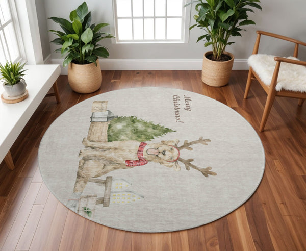 HomeRoots 8' Stylish Taupe Green Gray Animal Print Washable Round Rug with UV Protection for Modern Living Spaces 646448