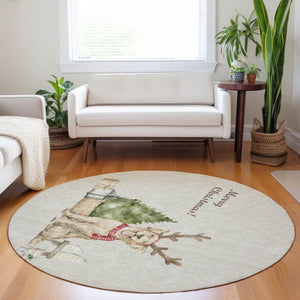 HomeRoots 8' Stylish Taupe Green Gray Animal Print Washable Round Rug with UV Protection for Modern Living Spaces 646448