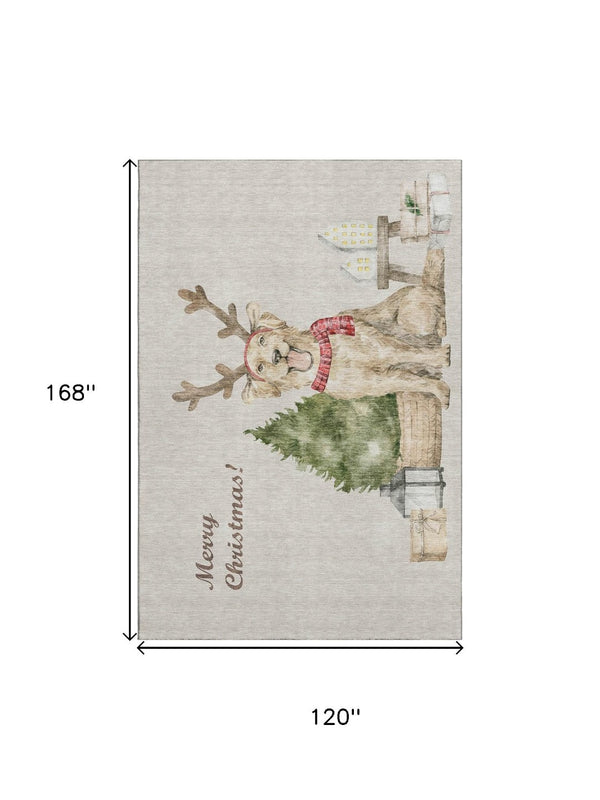 HomeRoots 10' X 14' Stylish Washable Area Rug in Taupe, Green & Gray Animal Print with UV Protection & Durability 646451