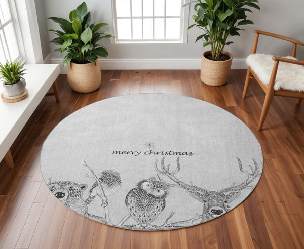 HomeRoots 8' Gray and Ivory Animal Print Washable Round Rug - Stylish, Durable, UV-Protected & Easy-Clean Design 646460