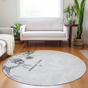 HomeRoots 8' Gray and Ivory Animal Print Washable Round Rug - Stylish, Durable, UV-Protected & Easy-Clean Design 646460