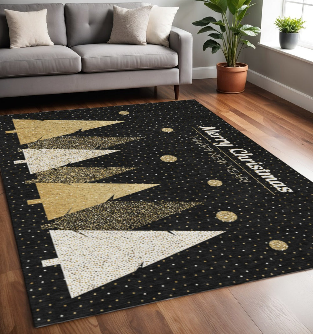 HomeRoots 5' X 8' Washable Midnight Gold & Ivory Polka Dot Area Rug with UV Protection for Stylish Living Spaces 646465