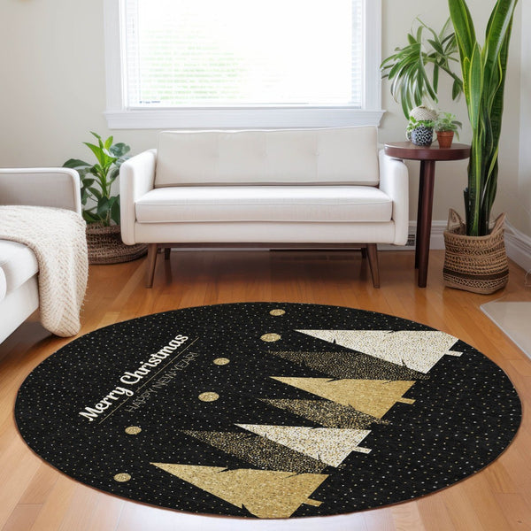 HomeRoots 8' Midnight Gold Polka Dot Washable Round Rug - Durable, UV Protected, Perfect for Every Room! 646466