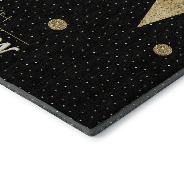 HomeRoots 8' Midnight Gold Polka Dot Washable Round Rug - Durable, UV Protected, Perfect for Every Room! 646466