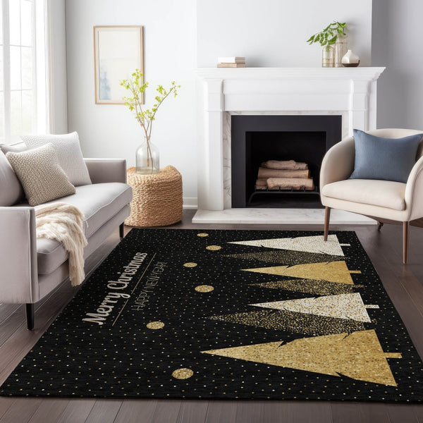 HomeRoots 10' Midnight Gold & Ivory Polka Dot Area Rug - Washable, UV Protected, Stain Resistant, Durable Style! 646469