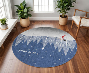 HomeRoots 8' Blue Ivory and Red Botanical Leaves Round Rug – Washable, UV-Protected, Stain-Resistant Design 646472