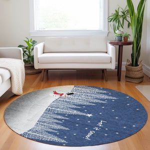 HomeRoots 8' Blue Ivory and Red Botanical Leaves Round Rug – Washable, UV-Protected, Stain-Resistant Design 646472