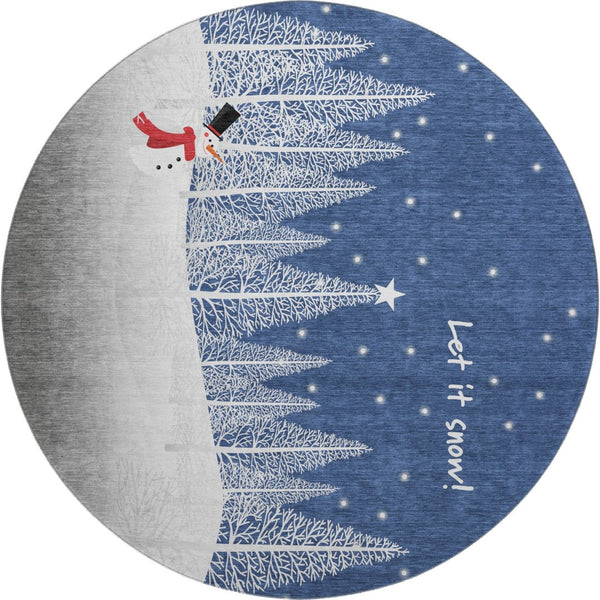HomeRoots 8' Blue Ivory and Red Botanical Leaves Round Rug – Washable, UV-Protected, Stain-Resistant Design 646472