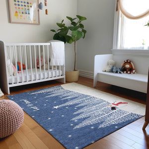 HomeRoots 9' X 12' Washable Area Rug with UV Protection - Stylish Blue, Ivory & Red Botanical Leaves Design 646474