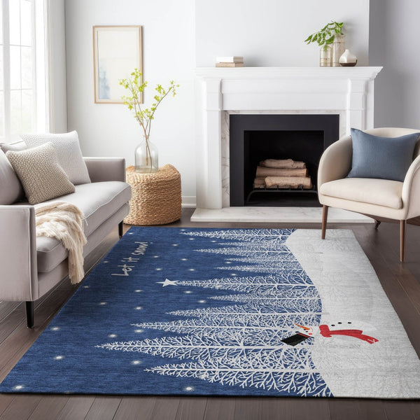 HomeRoots 9' X 12' Washable Area Rug with UV Protection - Stylish Blue, Ivory & Red Botanical Leaves Design 646474
