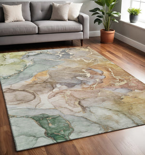 HomeRoots 5' X 8' Beige and Taupe Abstract Area Rug - Durable, Washable with UV Protection for Modern Homes 646478