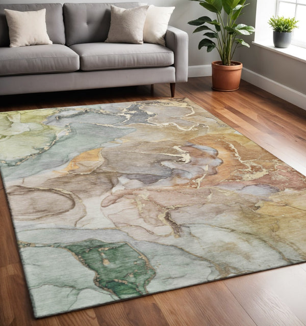 HomeRoots 5' X 8' Beige and Taupe Abstract Area Rug - Durable, Washable with UV Protection for Modern Homes 646478