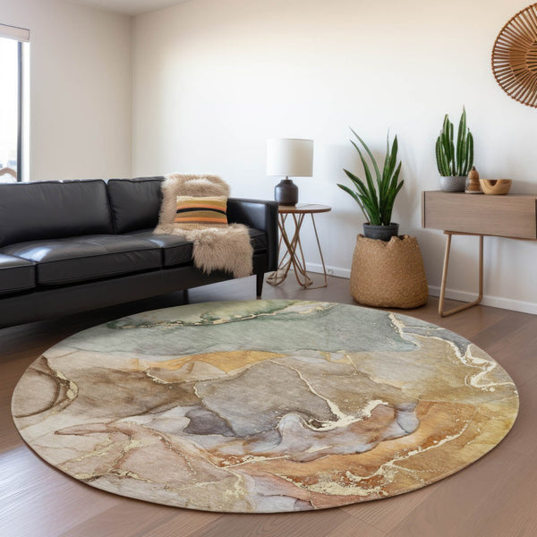 HomeRoots 8' Beige and Taupe Abstract Round Rug – Washable, UV-Protected, Perfect for High-Traffic Areas! 646479