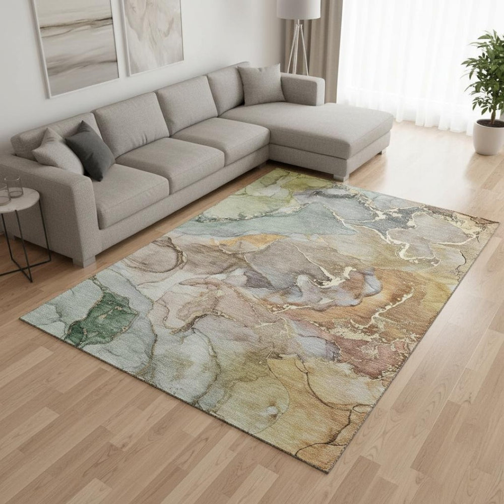 HomeRoots 10' X 14' Beige and Taupe Abstract Washable Area Rug – Durable, UV-Protected, Modern Design Ideal for Families 646482