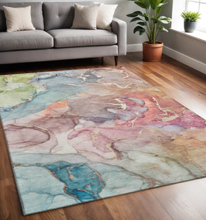 HomeRoots 5' X 8' Blue and Green Abstract Area Rug - Washable, UV Protected, Soft Polyester for Modern Spaces 646484