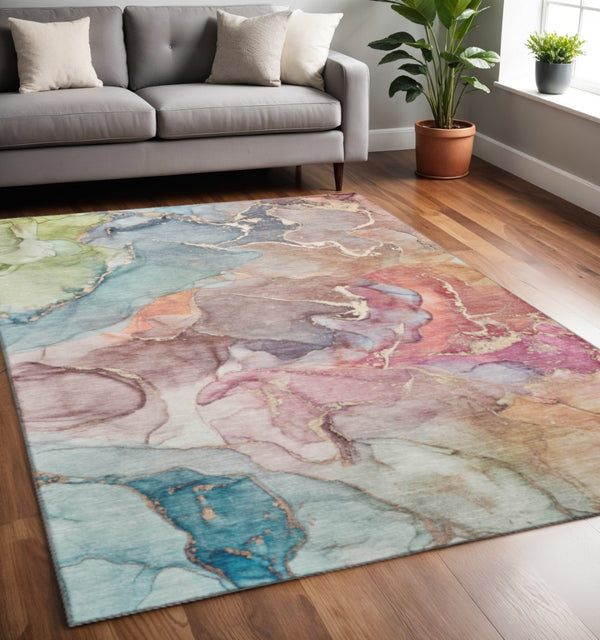HomeRoots 5' X 8' Blue and Green Abstract Area Rug - Washable, UV Protected, Soft Polyester for Modern Spaces 646484