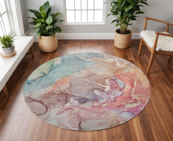 HomeRoots 8' Bold Blue and Green Abstract Washable Round Rug with UV Protection for Easy Care and Style 646485
