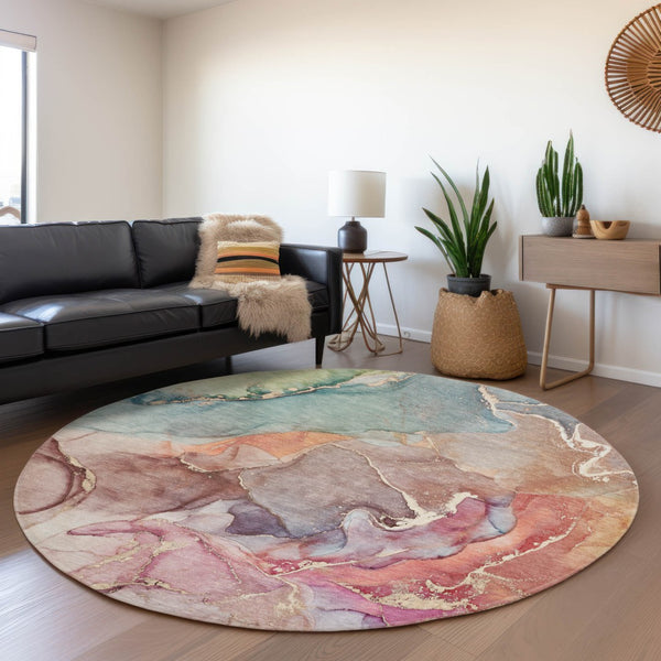 HomeRoots 8' Bold Blue and Green Abstract Washable Round Rug with UV Protection for Easy Care and Style 646485