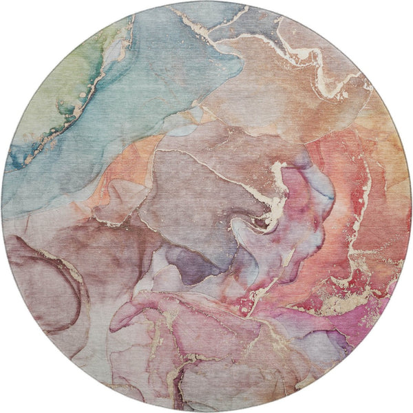HomeRoots 8' Bold Blue and Green Abstract Washable Round Rug with UV Protection for Easy Care and Style 646485