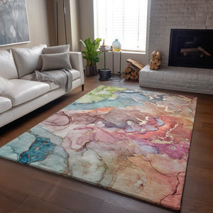 HomeRoots 9' X 12' Vibrant Blue and Green Abstract Washable Area Rug with UV Protection for Modern Spaces 646487