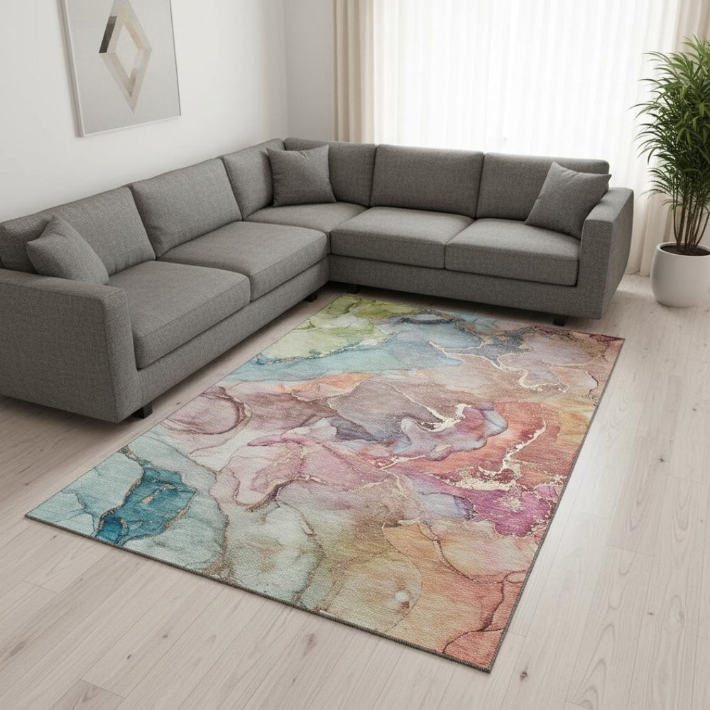 HomeRoots 9' X 12' Vibrant Blue and Green Abstract Washable Area Rug with UV Protection for Modern Spaces 646487