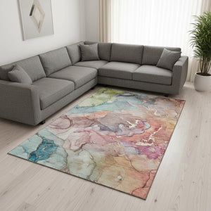 HomeRoots 9' X 12' Vibrant Blue and Green Abstract Washable Area Rug with UV Protection for Modern Spaces 646487