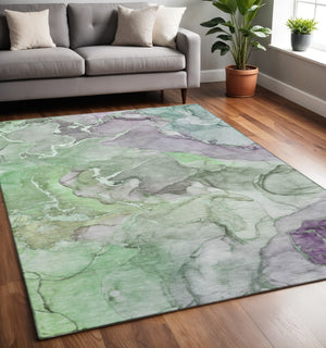 HomeRoots 5' X 8' Stylish Green and Gray Abstract Area Rug - Washable, UV-Protected, Perfect for High-Traffic Areas 646490