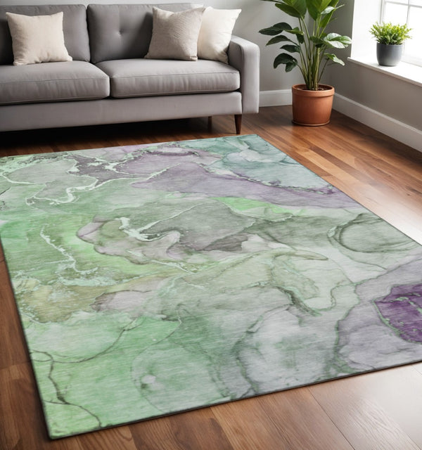 HomeRoots 5' X 8' Stylish Green and Gray Abstract Area Rug - Washable, UV-Protected, Perfect for High-Traffic Areas 646490
