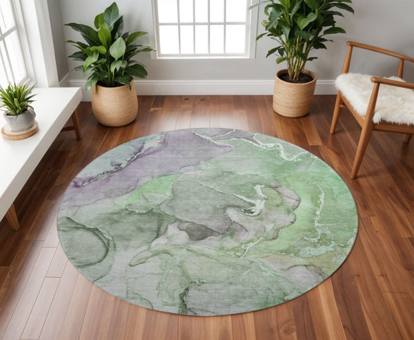 HomeRoots 8' Contemporary Green and Gray Abstract Round Rug - Washable, UV Protected, Stain Resistant Comfort 646491