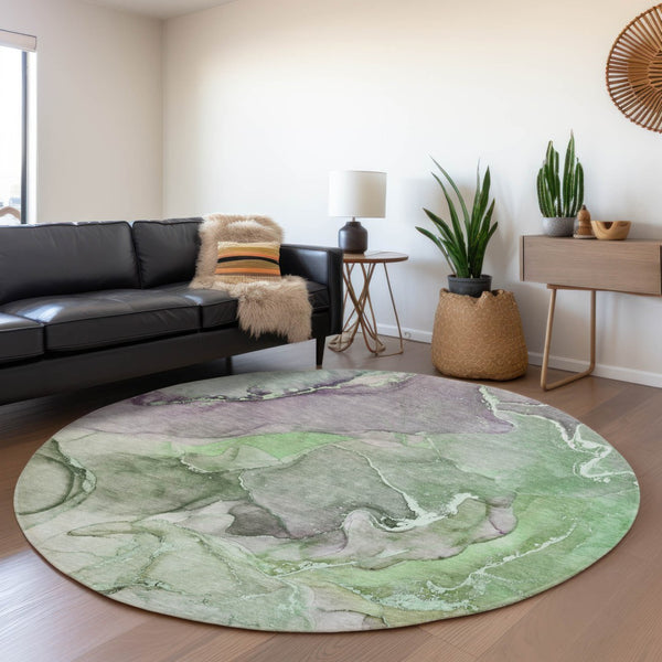 HomeRoots 8' Contemporary Green and Gray Abstract Round Rug - Washable, UV Protected, Stain Resistant Comfort 646491