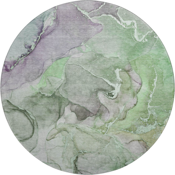 HomeRoots 8' Contemporary Green and Gray Abstract Round Rug - Washable, UV Protected, Stain Resistant Comfort 646491