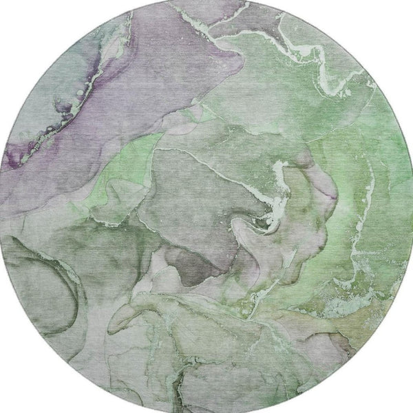 HomeRoots 8' Contemporary Green and Gray Abstract Round Rug - Washable, UV Protected, Stain Resistant Comfort 646491